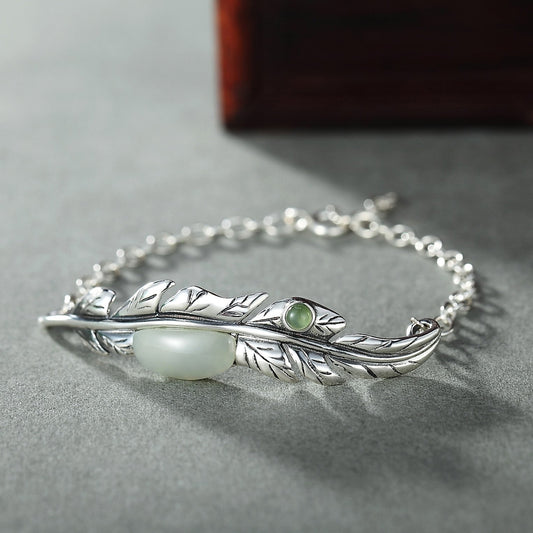 Stylish Feather Jade Silver Bracelet