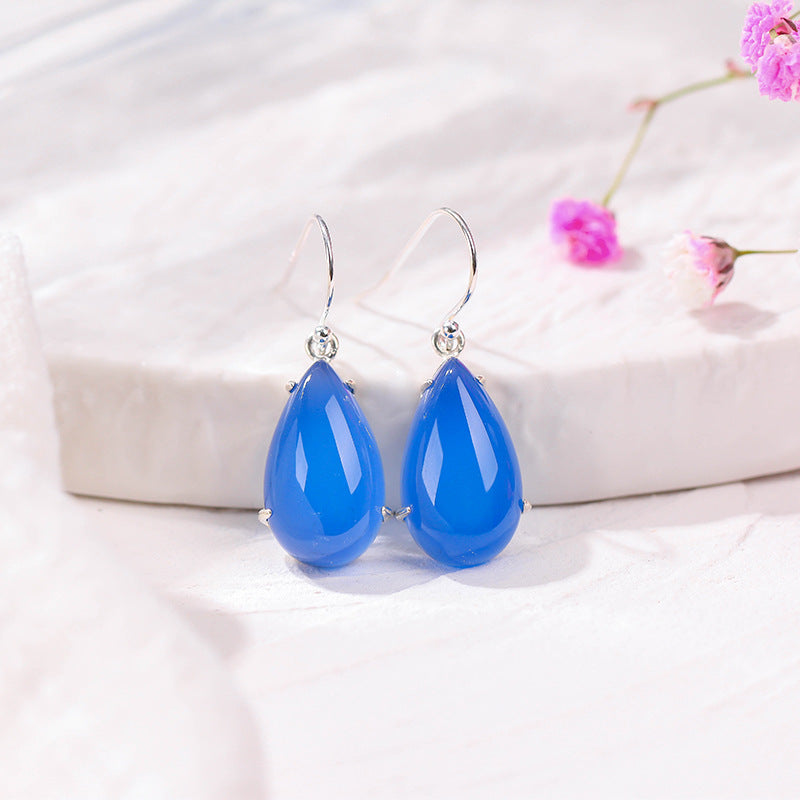 Blue Chalcedony Drop Earrings, Natural Jade Silver Earrings - LUXYIN