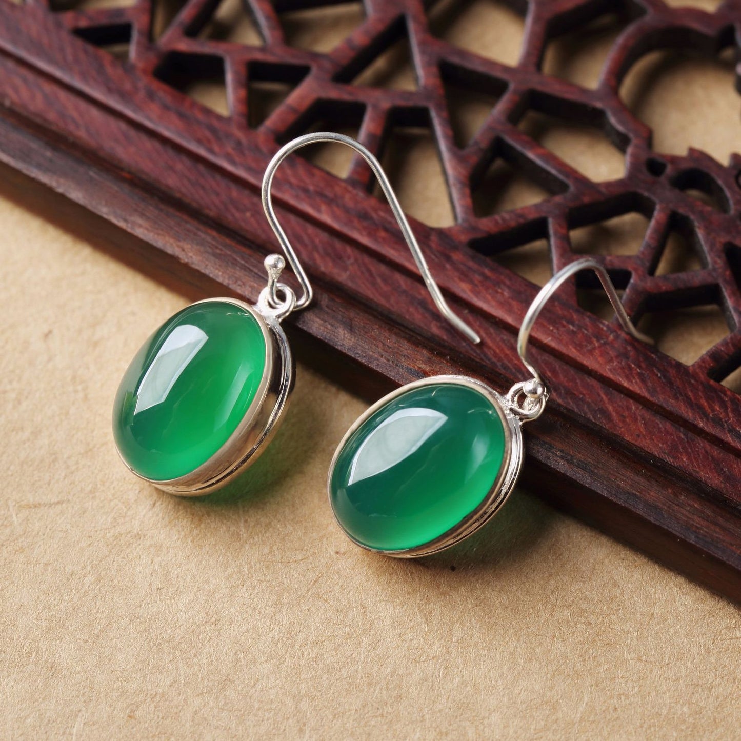 Handmade Green Jade Hook Drop Earrings