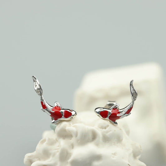 Red Koi Fish Silver Stud Earrings