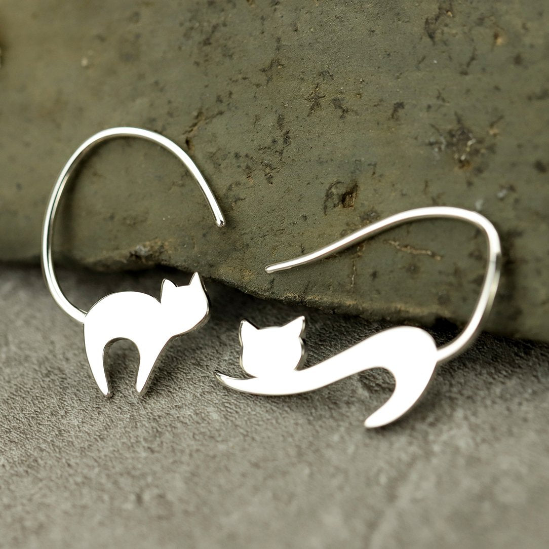 Funny Cat Silver Drop Earrings