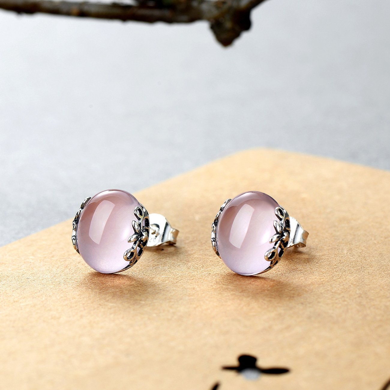Pendientes de botón de cristal grabado rosa vintage