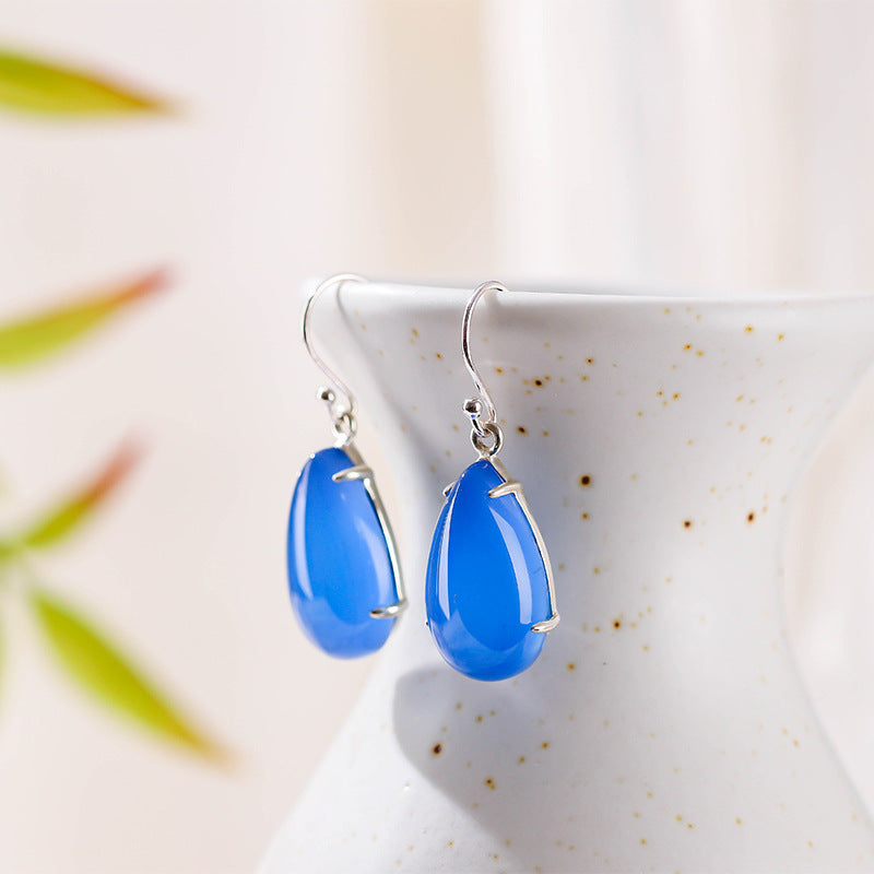 Blue Chalcedony Drop Earrings, Natural Jade Silver Earrings - LUXYIN