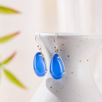 Blue Chalcedony Drop Earrings, Natural Jade Silver Earrings - LUXYIN