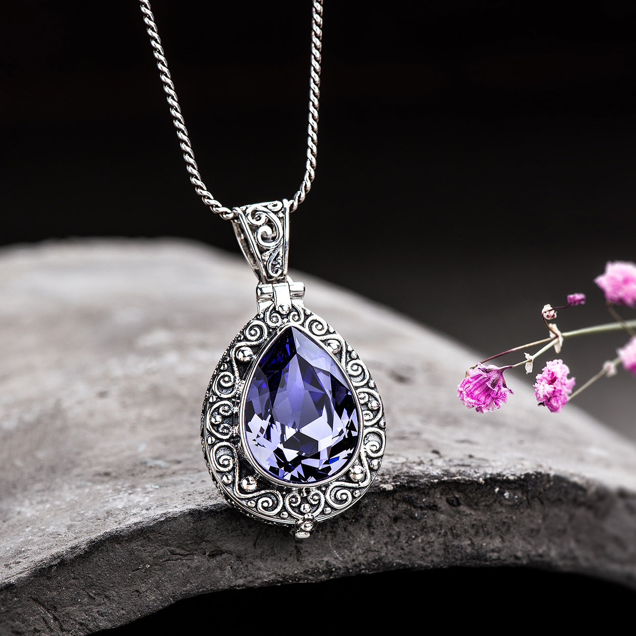 Purple Crystal Engraved Necklace
