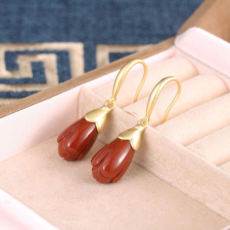 Mangnolia Red Agate Dangle Earrings With Plated Gold - LUXYIN