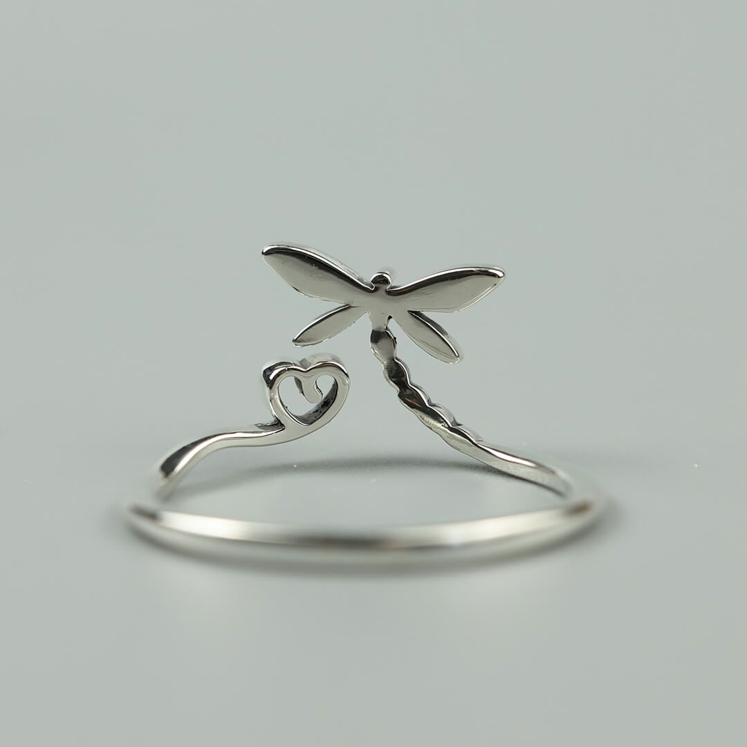 Vintage Dragonfly Heart Silver Open Ring