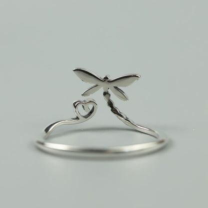 Vintage Dragonfly Heart Silver Open Ring