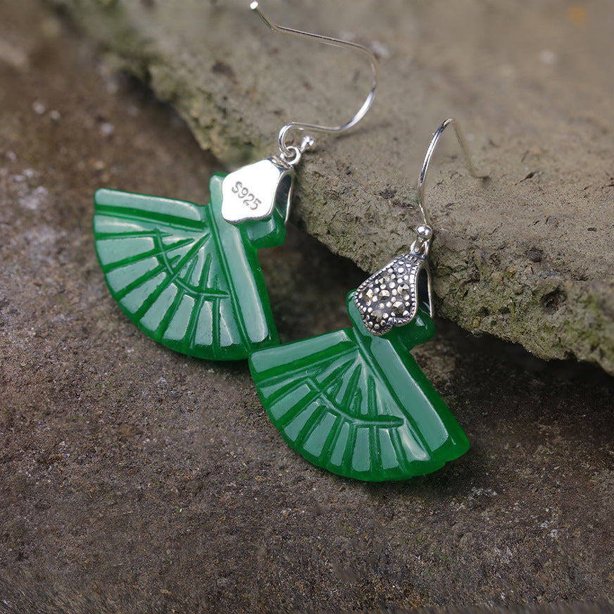 Original Fan-shaped Green Jade Drop Dangle Earrings