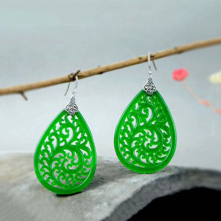 Handmade Engraved Green Jade Drop Dangle Earrings