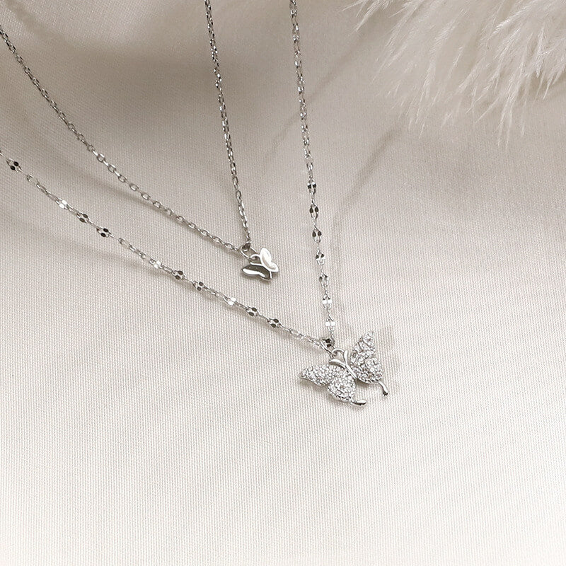 LUXYIN | S925 Silver Double Butterflies Necklace, Zircon Pendant Chain