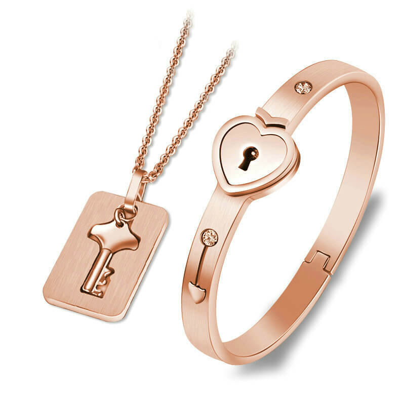 Couple Heart Lock Bangle Key Necklace, Lock Key Pendant - LUXYIN