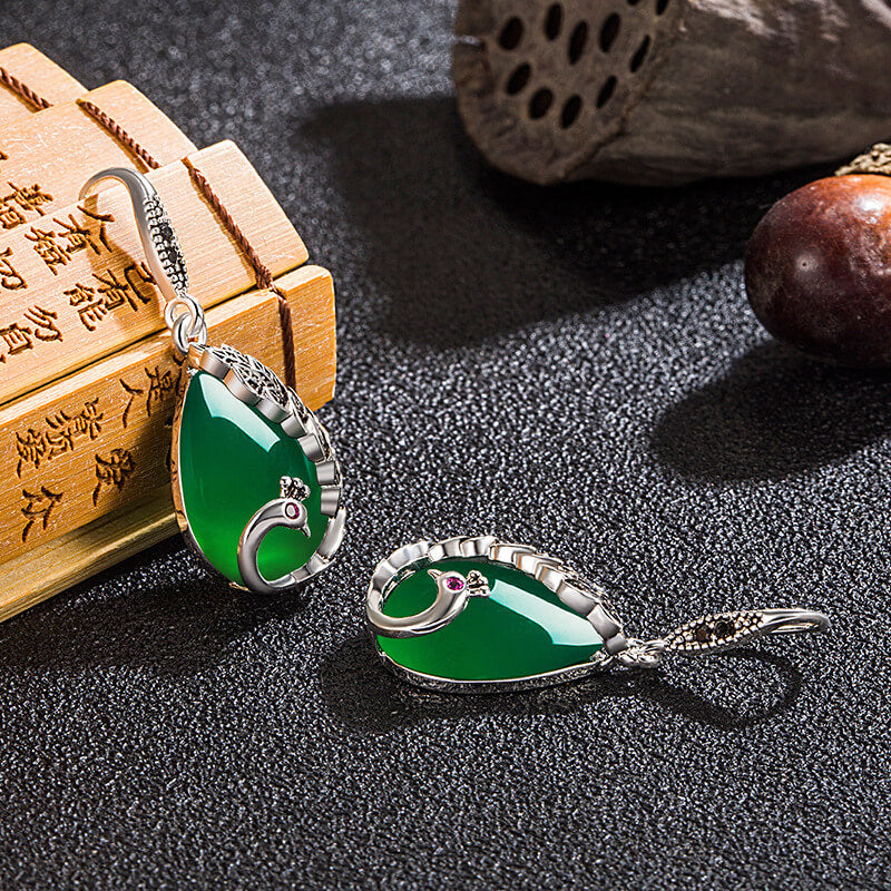 LUXYIN | Green Jade Peacock Silver Drop Earrings, Natural Stone Dangle