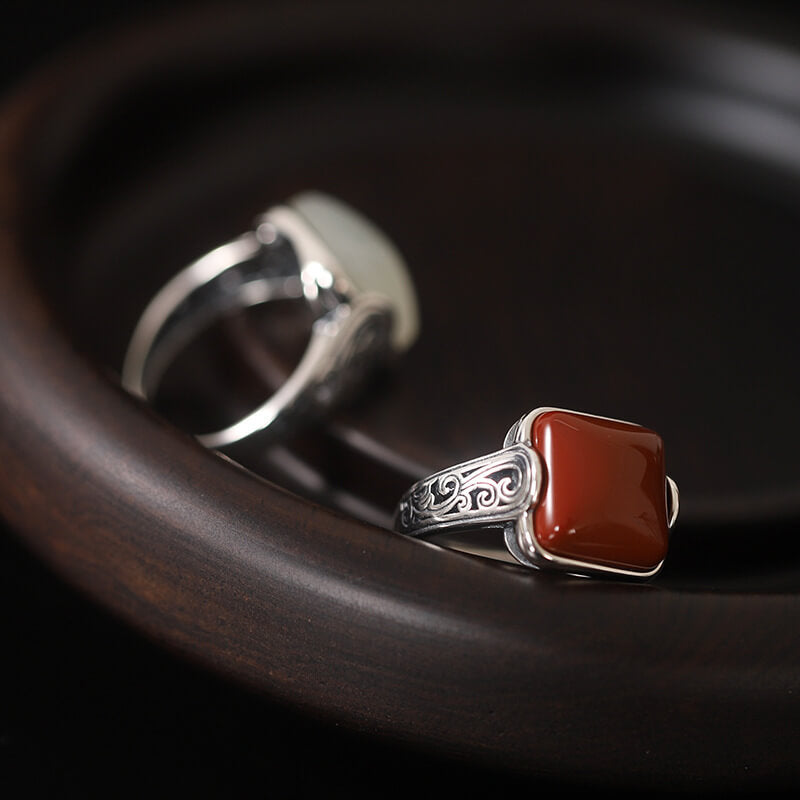 Natural Agate Ring Open Size with Red Stone