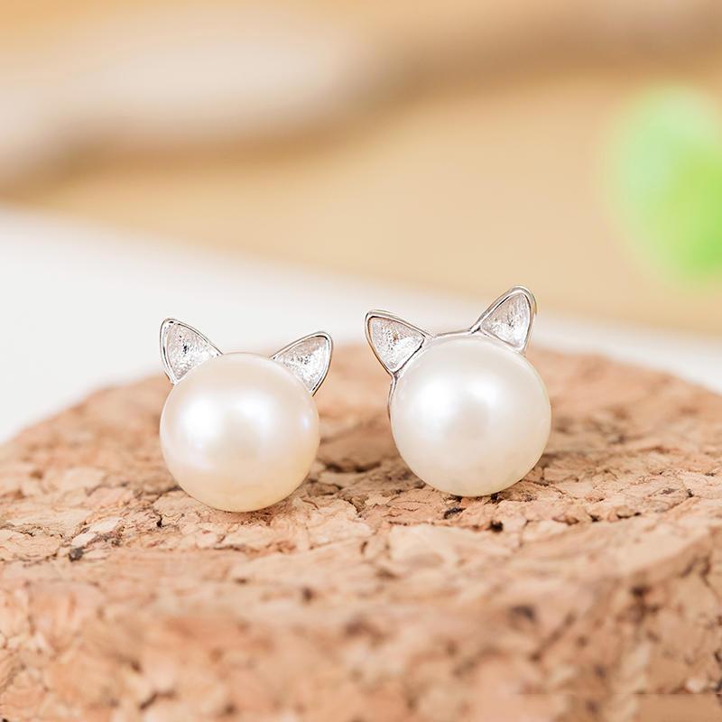 Pearl Cat Ear Silver Earrings