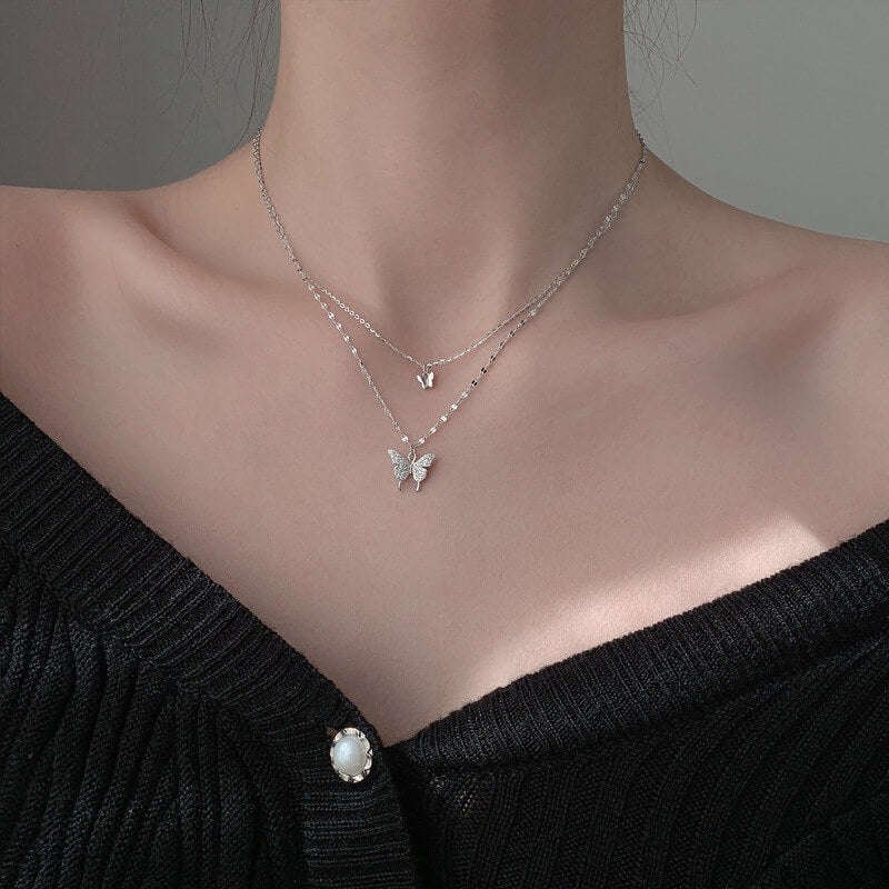 LUXYIN | S925 Silver Double Butterflies Necklace, Zircon Pendant Chain