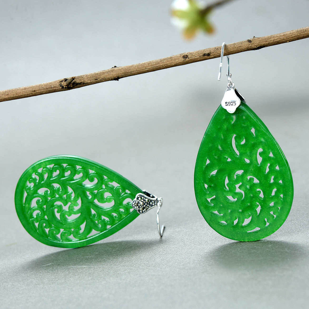 Handmade Engraved Green Jade Drop Dangle Earrings