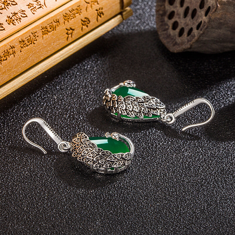 LUXYIN | Green Jade Peacock Silver Drop Earrings, Natural Stone Dangle