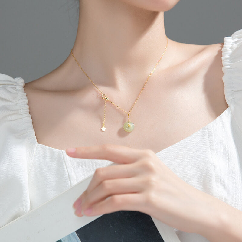 Hetian Jade Round Pendant with Chain, Natural Jade Necklace - LUXYIN