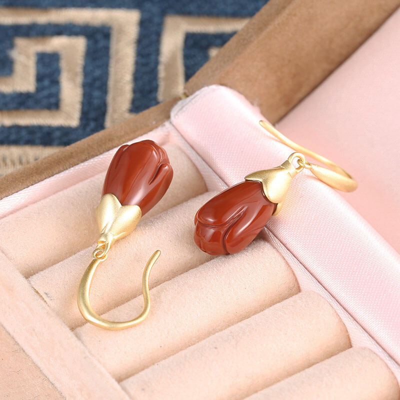 Mangnolia Red Agate Dangle Earrings With Plated Gold - LUXYIN