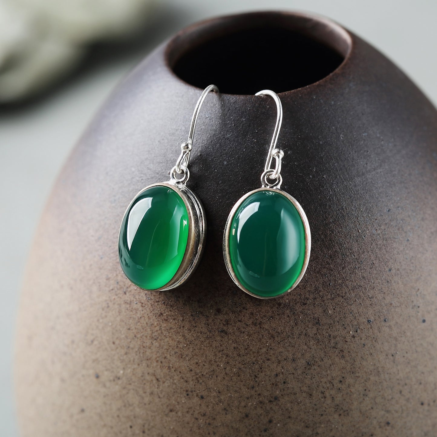 Handmade Green Jade Hook Drop Earrings