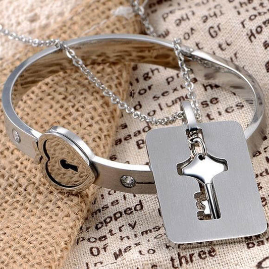 Couple Heart Lock Bangle Key Necklace, Lock Key Pendant - LUXYIN