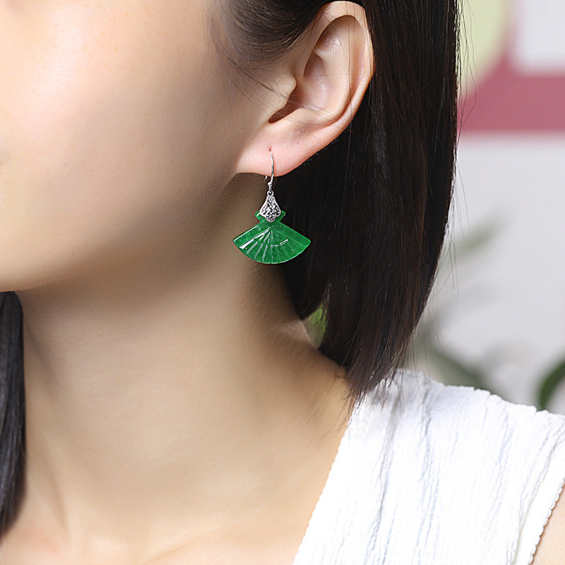 Original Fan-shaped Green Jade Drop Dangle Earrings