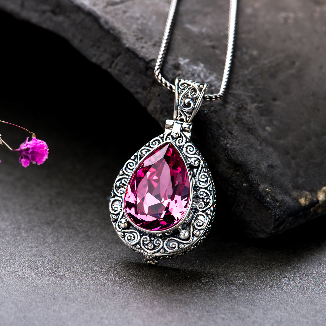 Pink Crystal Engraved Necklace