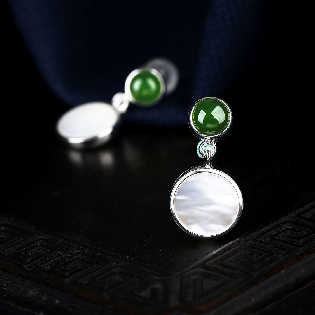Shell Stone Green Jade Stud Dangle Earrings