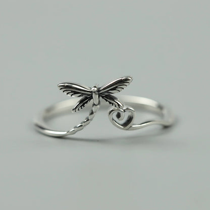 Vintage Dragonfly Heart Silver Open Ring