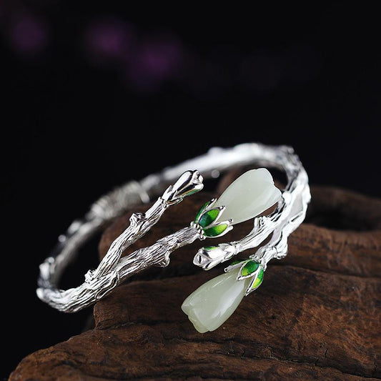 Exquisite Flower Jade Open Bangle