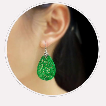 Handmade Engraved Green Jade Drop Dangle Earrings