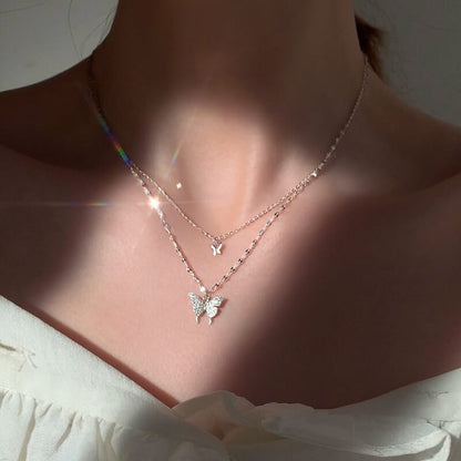 LUXYIN | S925 Silver Double Butterflies Necklace, Zircon Pendant Chain