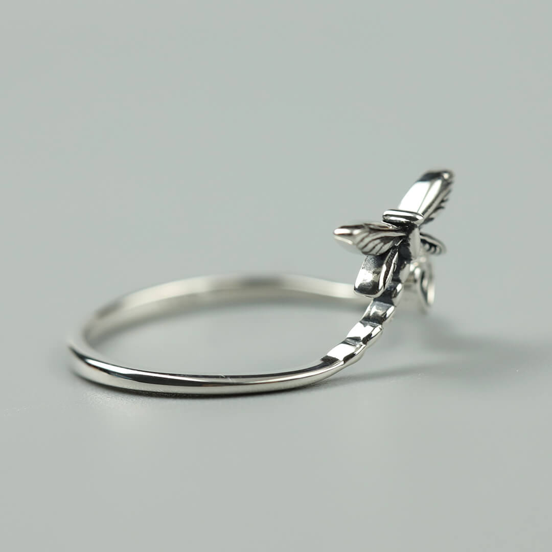 Vintage Dragonfly Heart Silver Open Ring