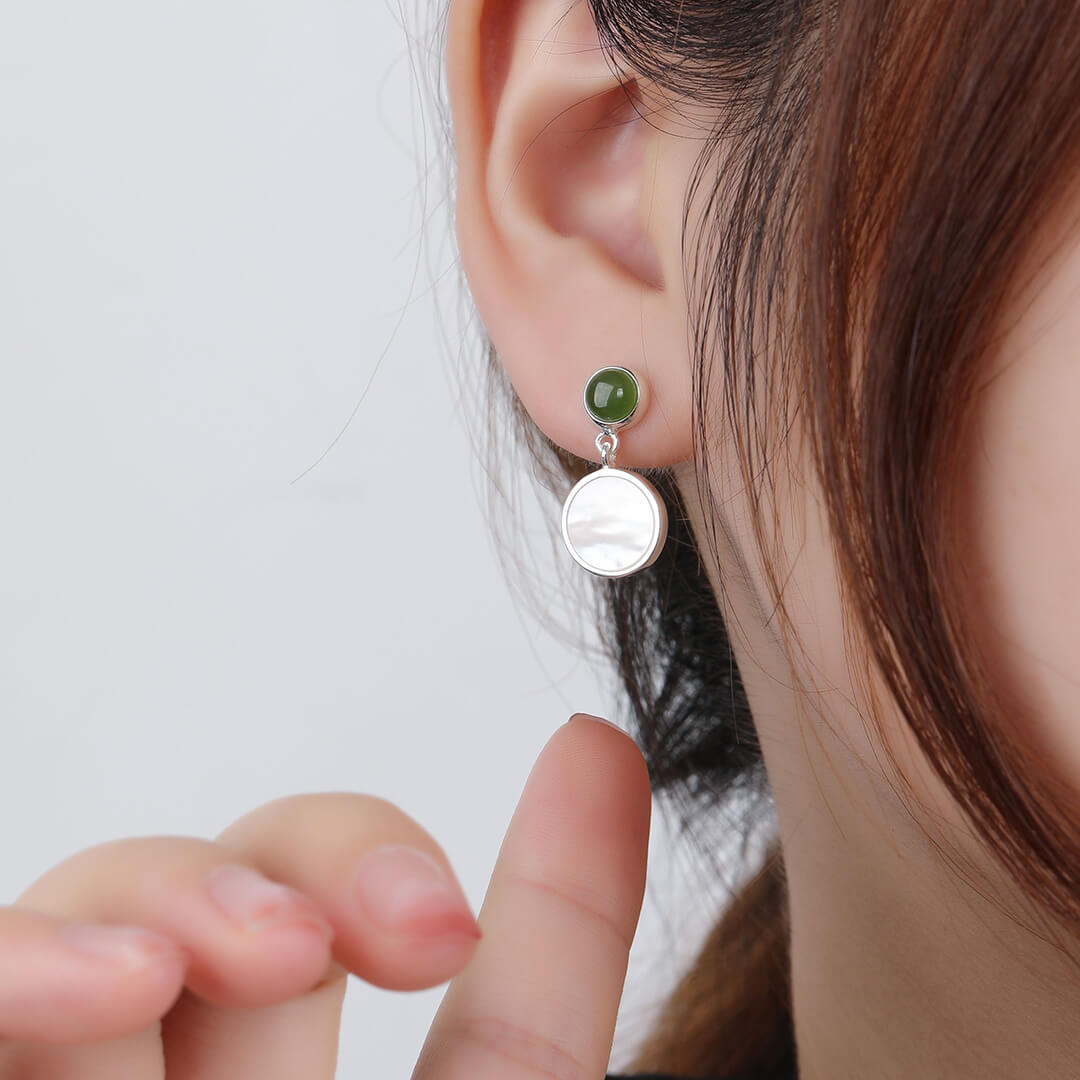 Shell Stone Green Jade Stud Dangle Earrings