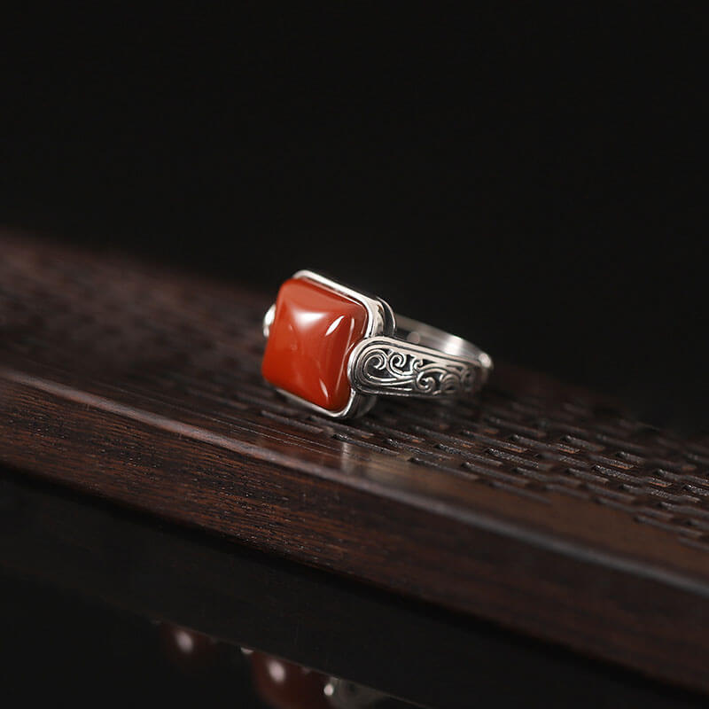 Natural Agate Ring Open Size with Red Stone