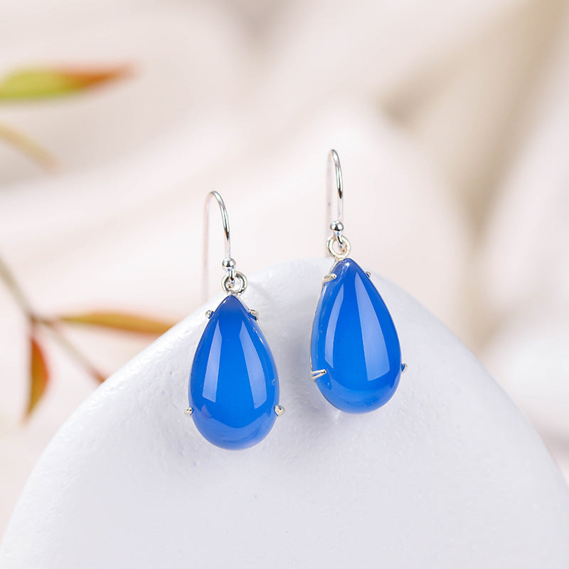 Blue Chalcedony Drop Earrings, Natural Jade Silver Earrings - LUXYIN