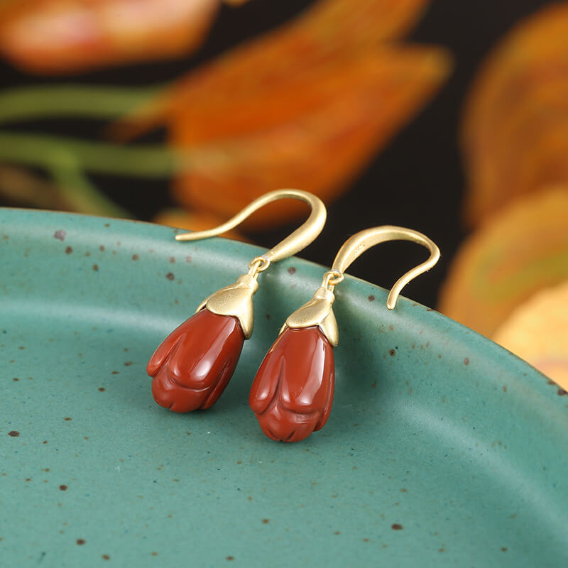 Mangnolia Red Agate Dangle Earrings With Plated Gold - LUXYIN