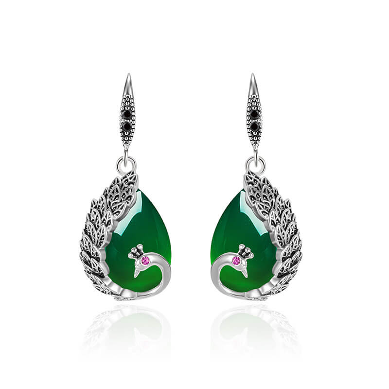 LUXYIN | Green Jade Peacock Silver Drop Earrings, Natural Stone Dangle