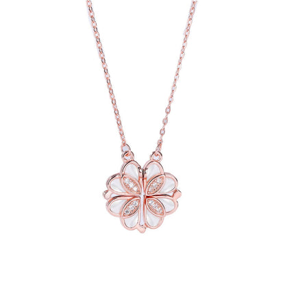 Lucky Heart Foldable Necklace with Two Sides, Magnet Clover Pendant - LUXYIN