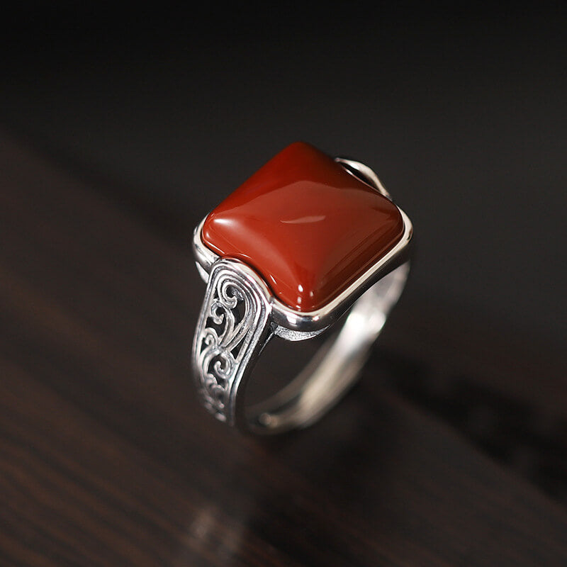Natural Agate Ring Open Size with Red Stone