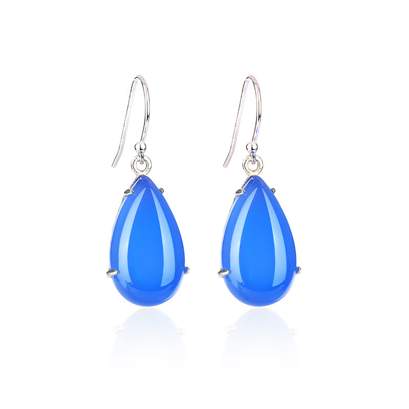 Blue Chalcedony Drop Earrings, Natural Jade Silver Earrings - LUXYIN