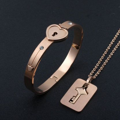 Couple Heart Lock Bangle Key Necklace, Lock Key Pendant - LUXYIN
