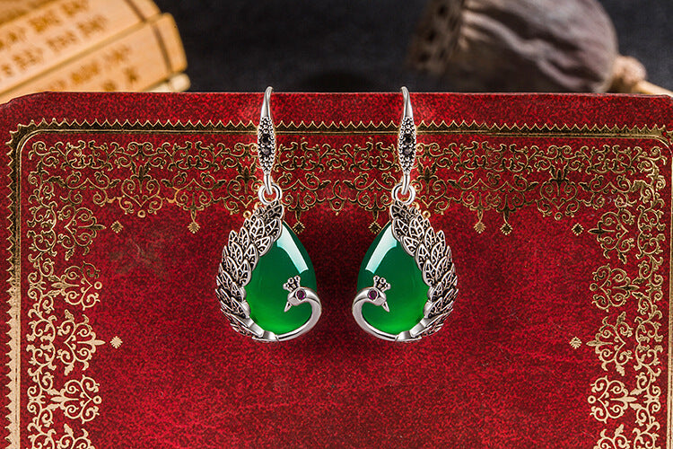 LUXYIN | Green Jade Peacock Silver Drop Earrings, Natural Stone Dangle