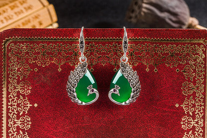 LUXYIN | Green Jade Peacock Silver Drop Earrings, Natural Stone Dangle