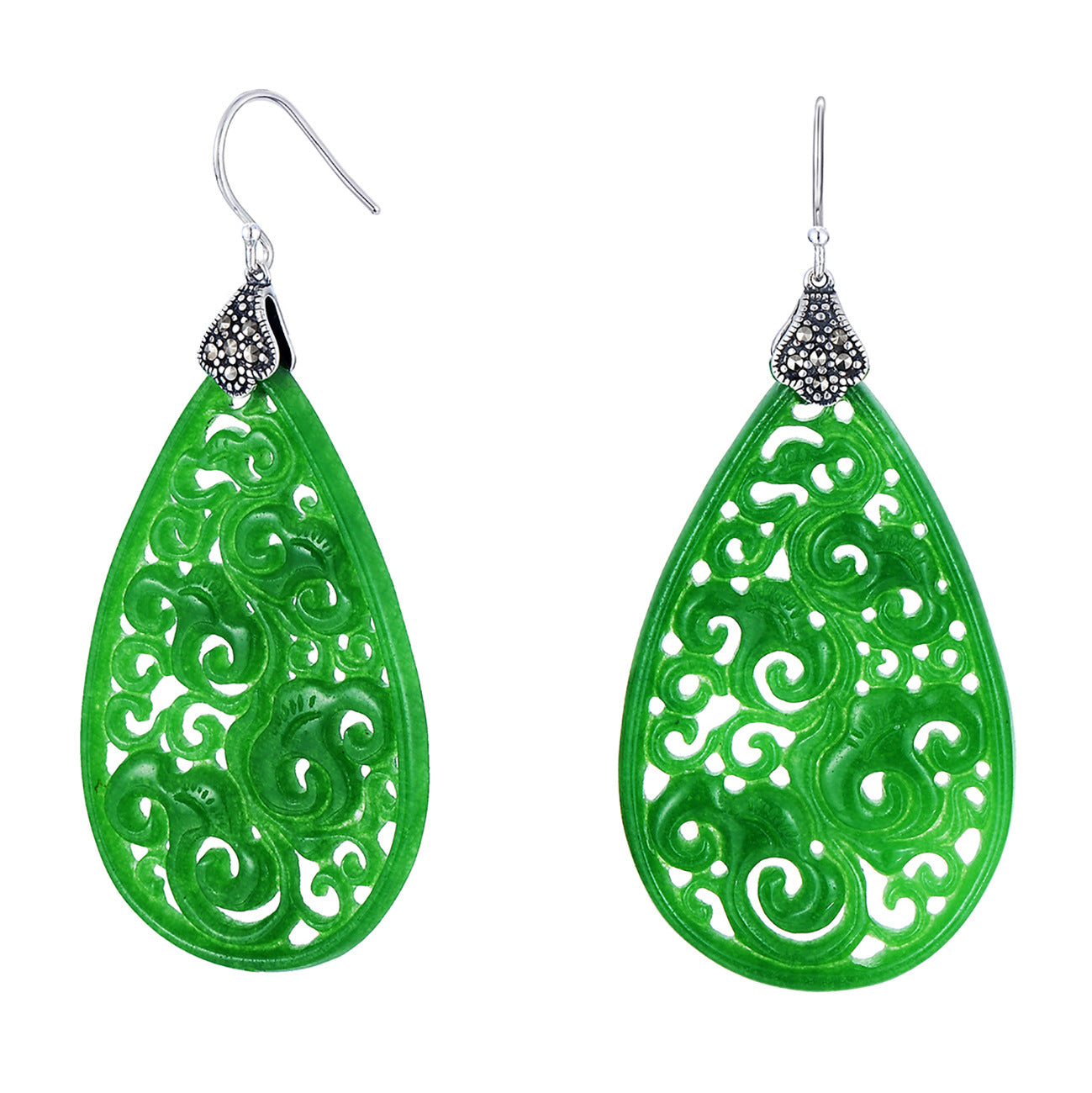 Handmade Engraved Green Jade Drop Dangle Earrings