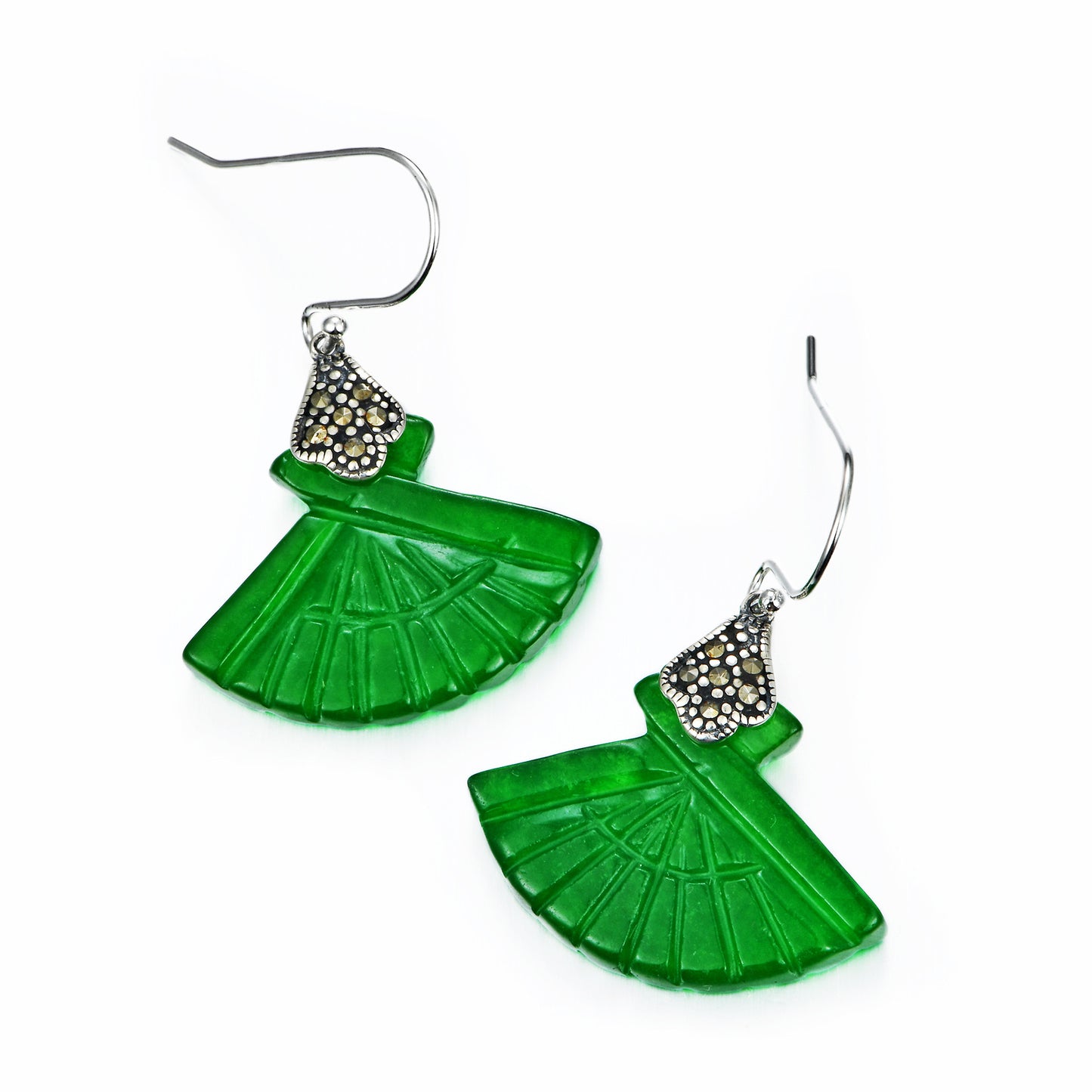 Original Fan-shaped Green Jade Drop Dangle Earrings