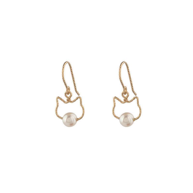 Lovely Gold Cat Pearl Drop Earrings, Pearl Dangle Earrings - LUXYIN