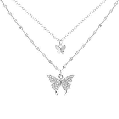 LUXYIN | S925 Silver Double Butterflies Necklace, Zircon Pendant Chain