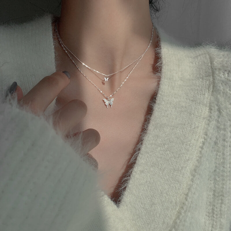 LUXYIN | S925 Silver Double Butterflies Necklace, Zircon Pendant Chain